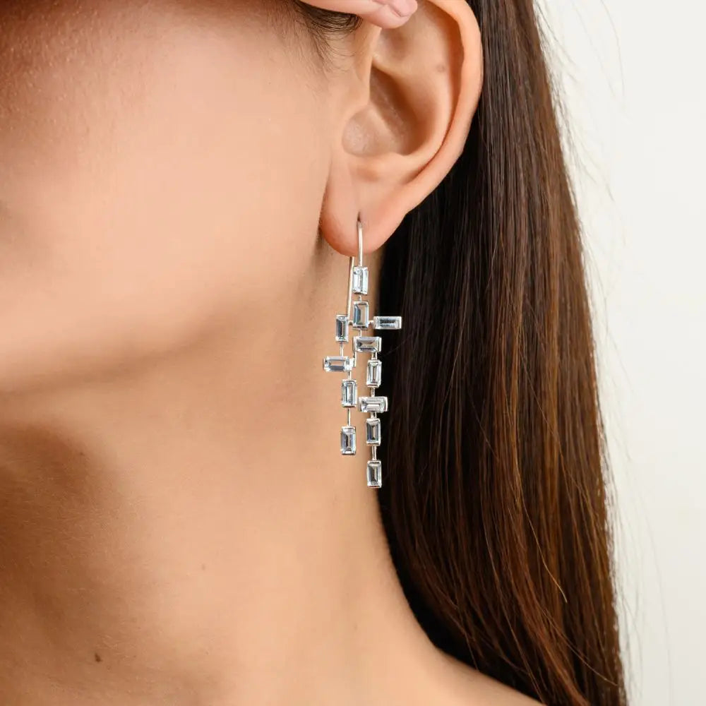 Baguette Cut Aquamarine Chandelier Dangle Earrings in 18k White Gold
