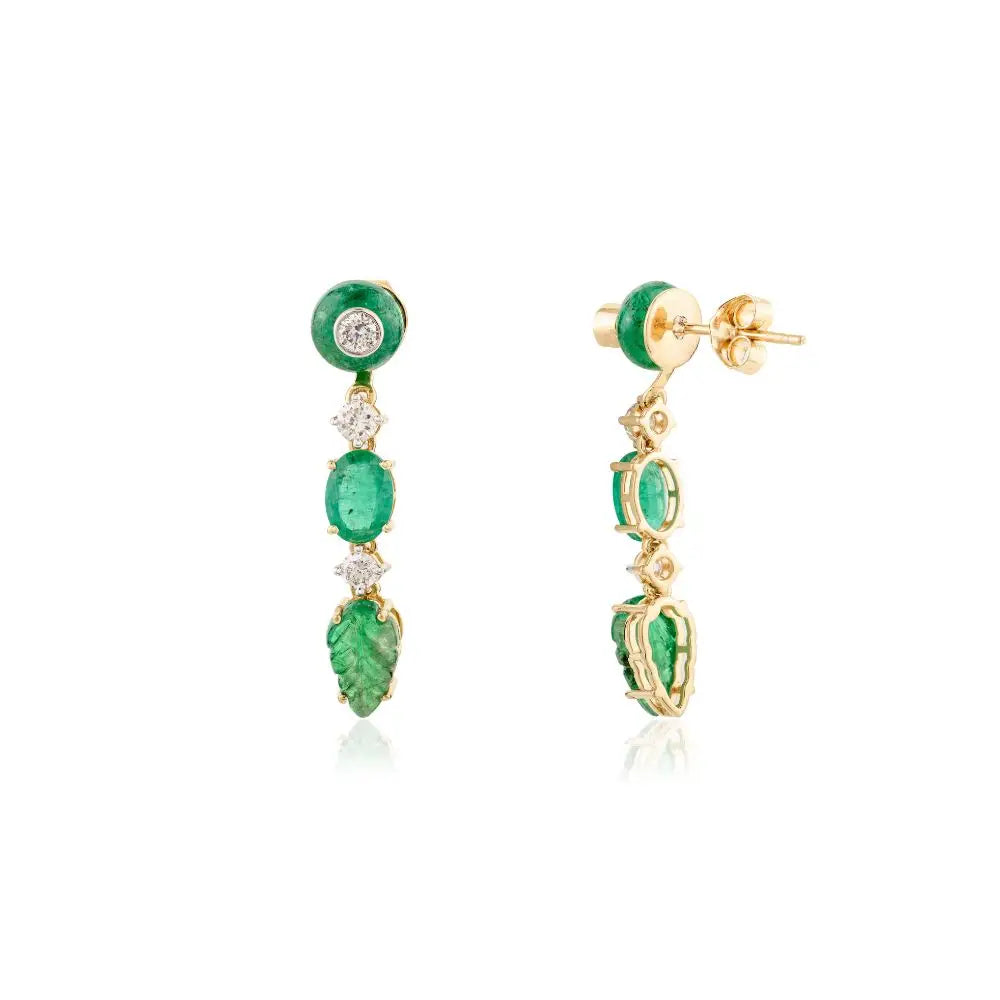 Carved Emerald & Diamond Dangle Earrings Made in 18k Yellow Gold