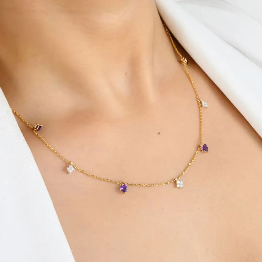 14K Solid Yellow Gold Amethyst & Diamond Charm Chain Necklace