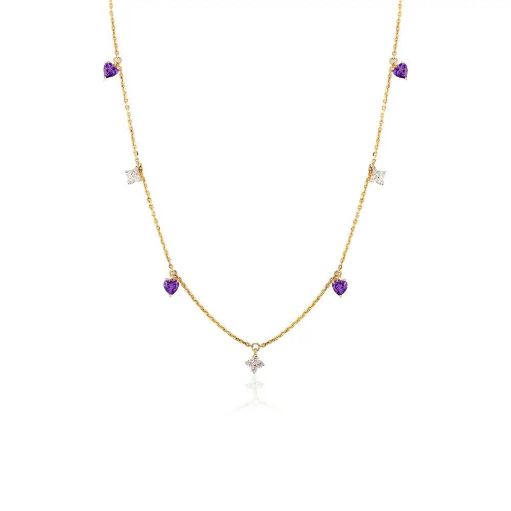 14K Solid Yellow Gold Amethyst & Diamond Charm Chain Necklace