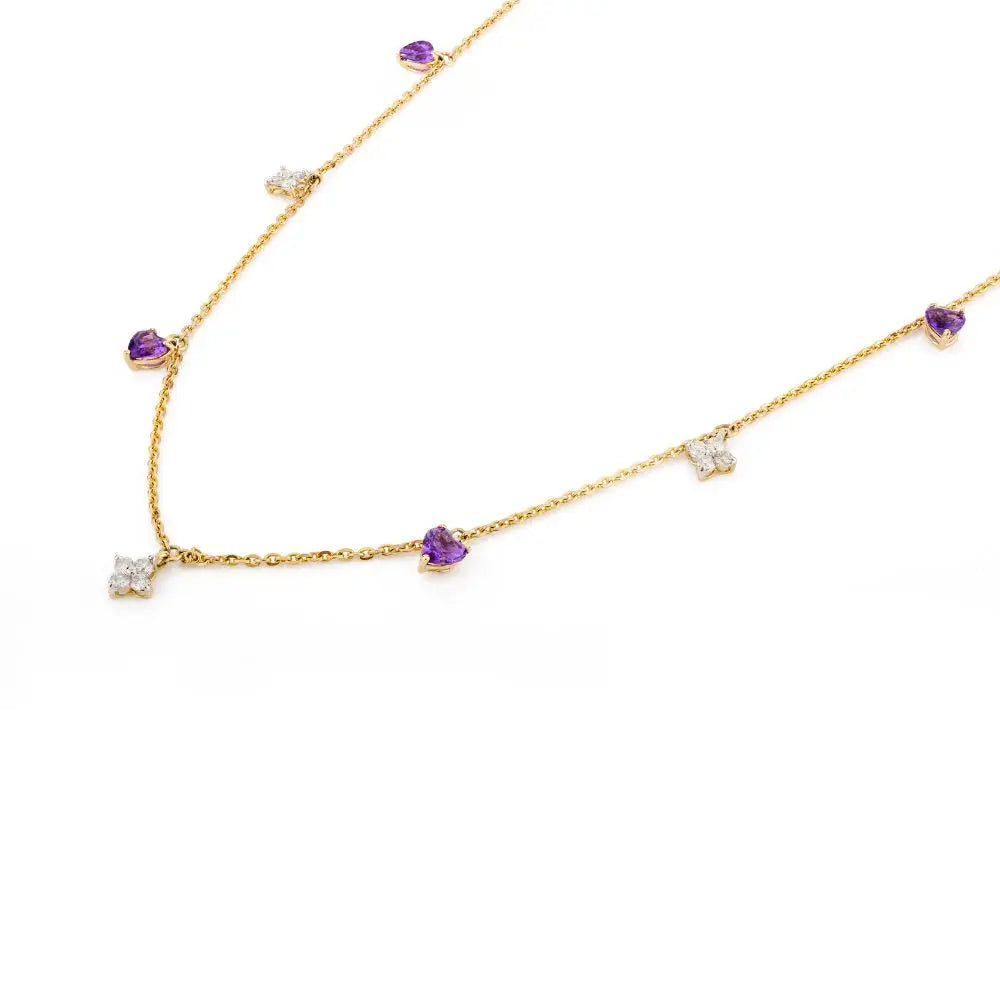 14K Solid Yellow Gold Amethyst & Diamond Charm Chain Necklace