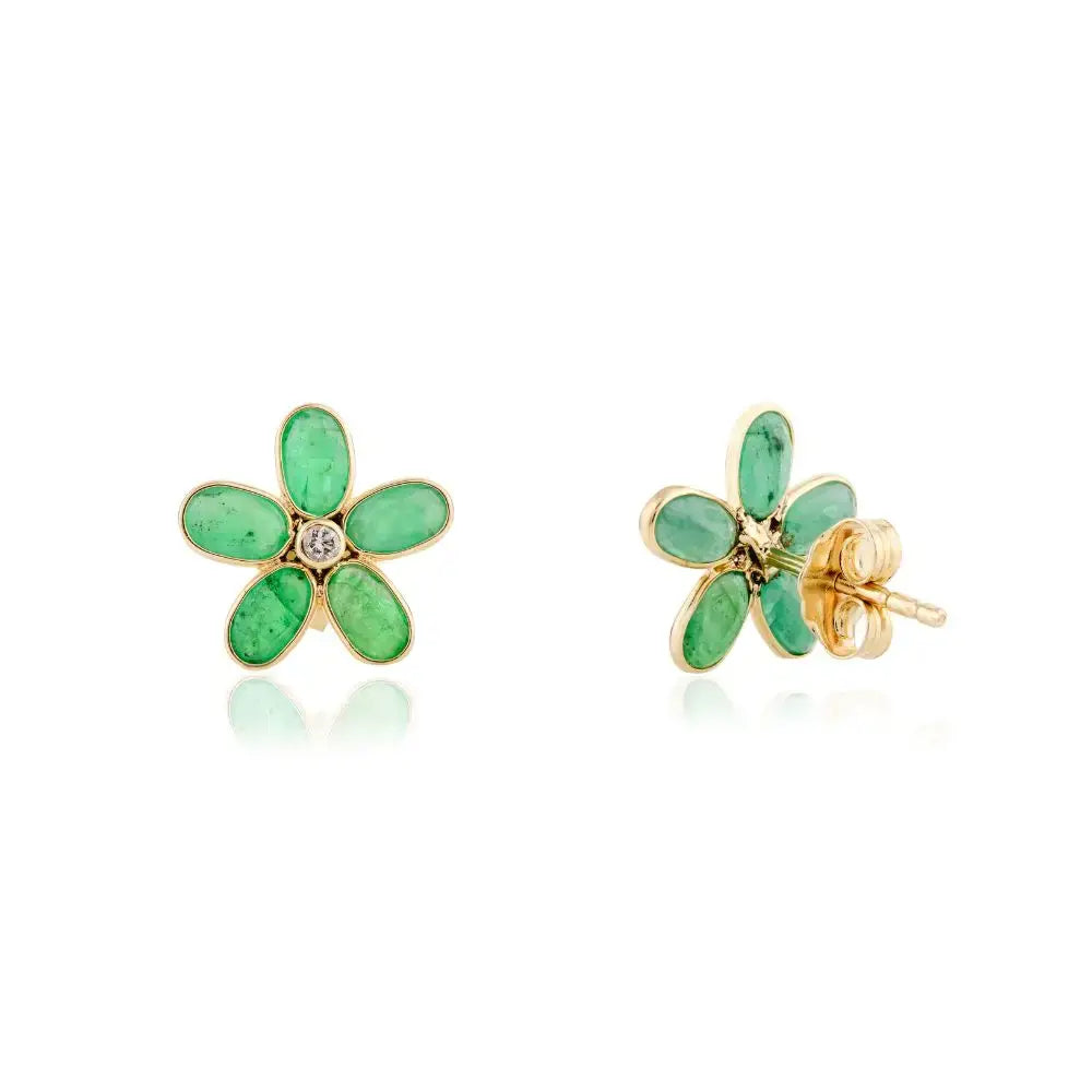 Everyday Wear Emerald & Diamond Flower Stud Earrings in 18k Yellow gold