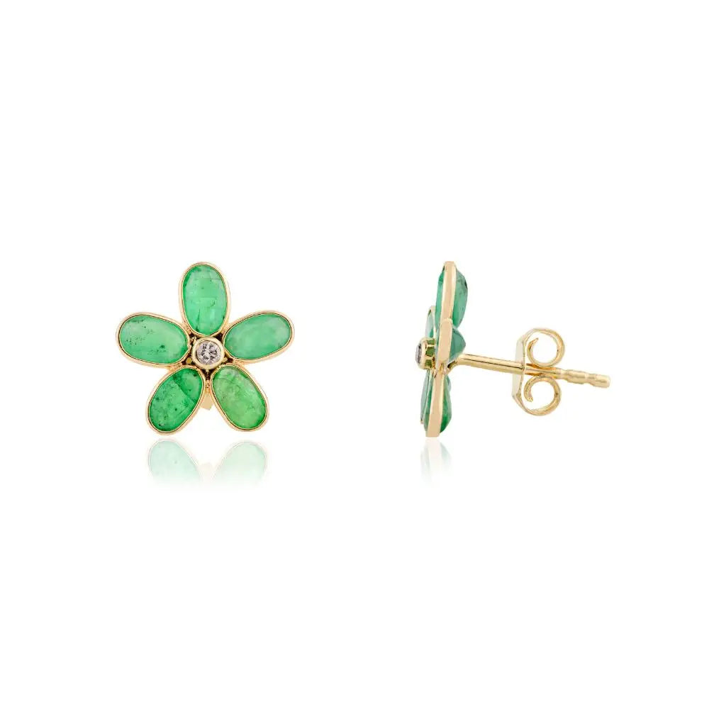 Everyday Wear Emerald & Diamond Flower Stud Earrings in 18k Yellow gold