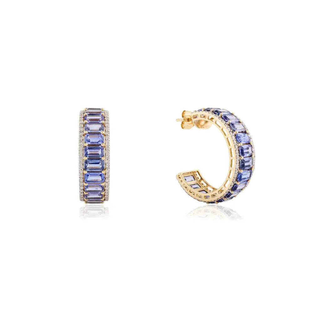 Best Quality Blue Sapphire & Diamond Wedding Hoop Earrings 18K Gold