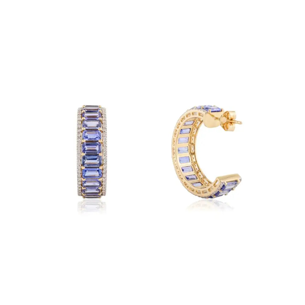 Best Quality Blue Sapphire & Diamond Wedding Hoop Earrings 18K Gold