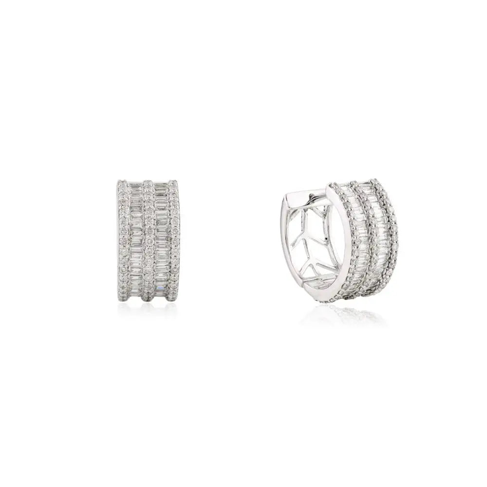 14K Solid White Gold & Diamond Huggie Hoop Earrings For Womens