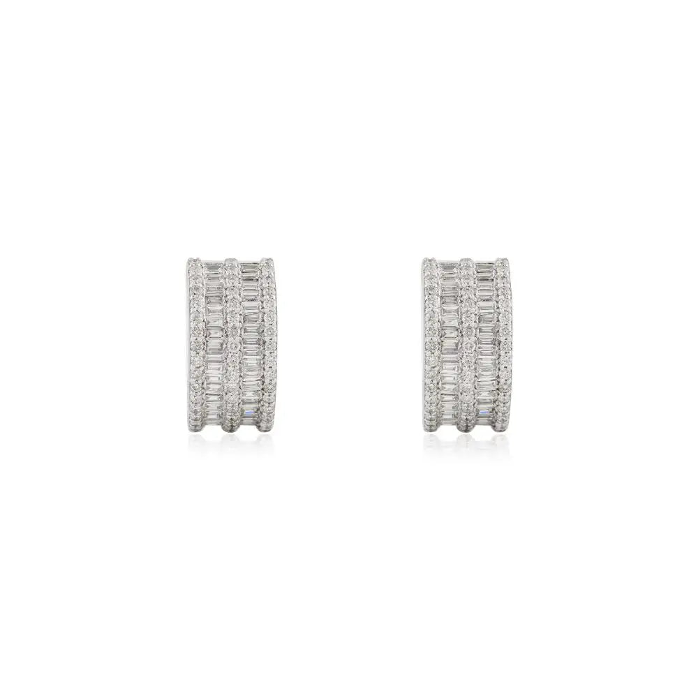 14K Solid White Gold & Diamond Huggie Hoop Earrings For Womens