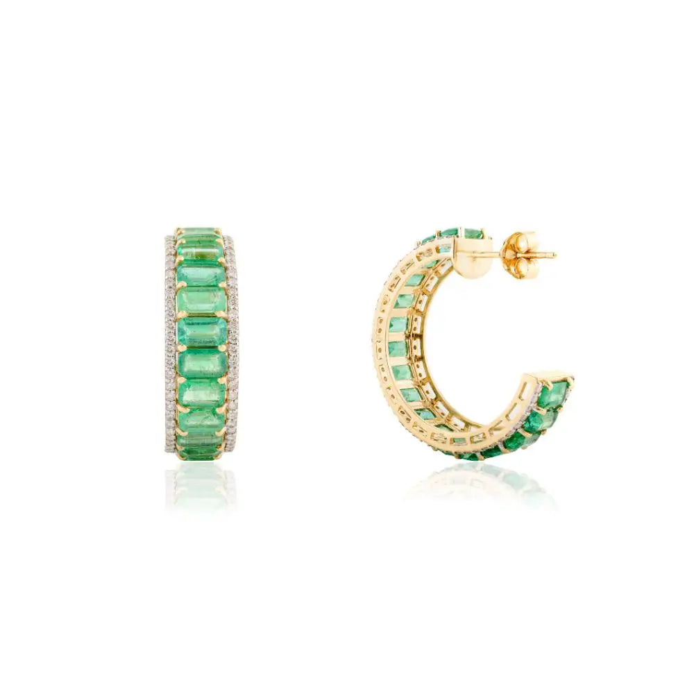 18k Gold Octagon Cut Emerald & Diamond Hoop Earrings at Best Price