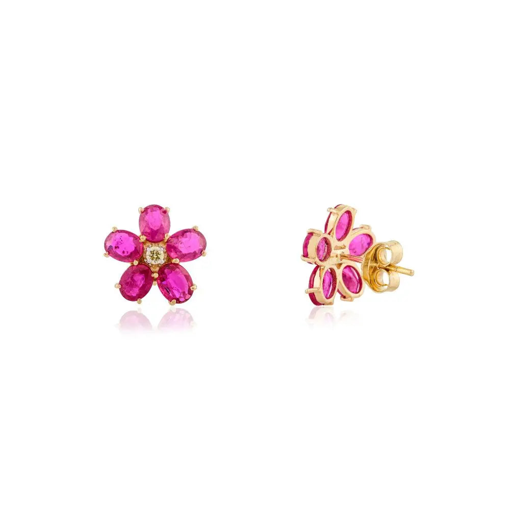 Oval Cut Ruby & Diamond Floral Stud Earrings With 14k Solid Yellow Gold