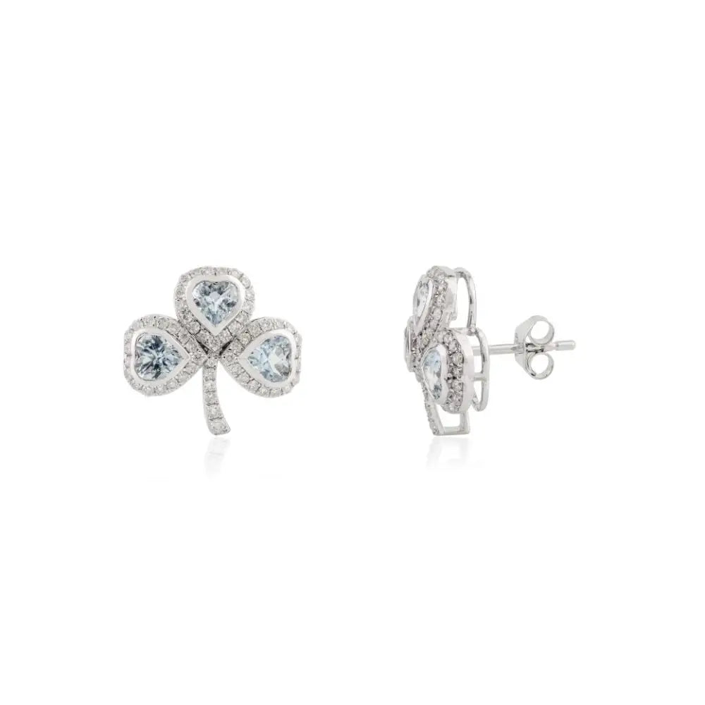 Aquamarine & Diamond Clover Wedding Stud Earrings in 18k White Gold