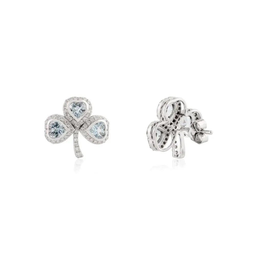 Aquamarine & Diamond Clover Wedding Stud Earrings in 18k White Gold