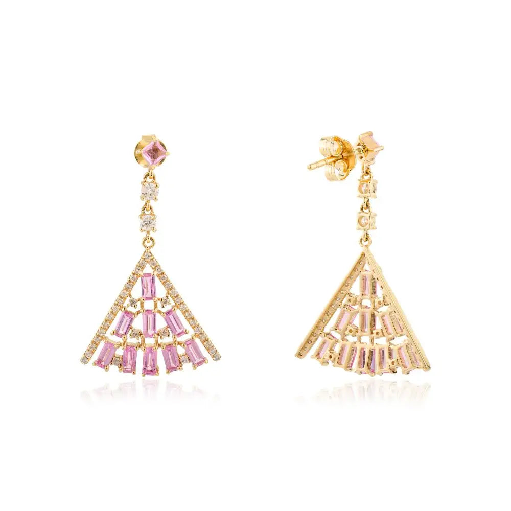 Pink Sapphire & Diamond Pyramid Dangle Earrings in 18k Solid Yellow Gold