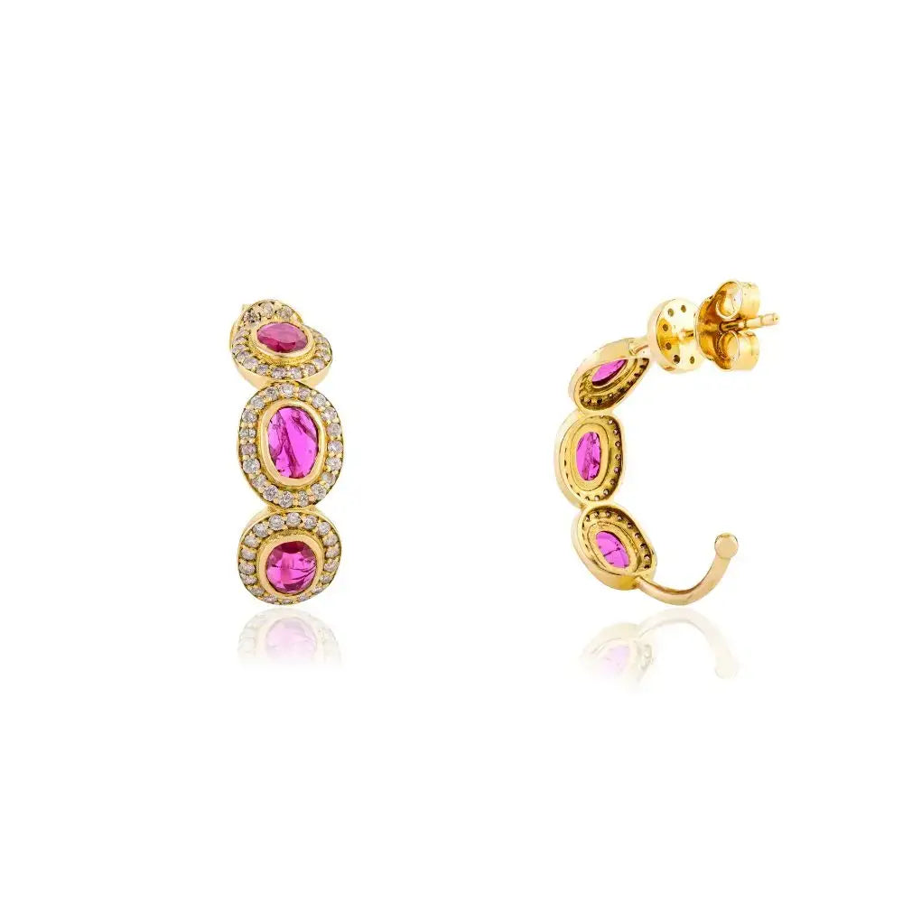 Ruby & Diamond Halo C-Hoops Wedding Earrings in 18k Yellow Gold