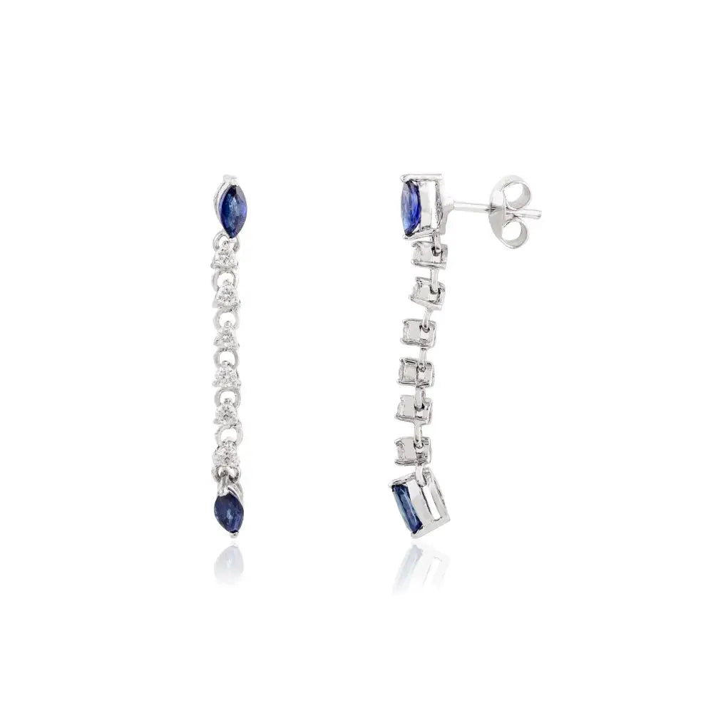 Blue sapphire & Diamond Hanging Drop Earrings in 14k Solid White Gold