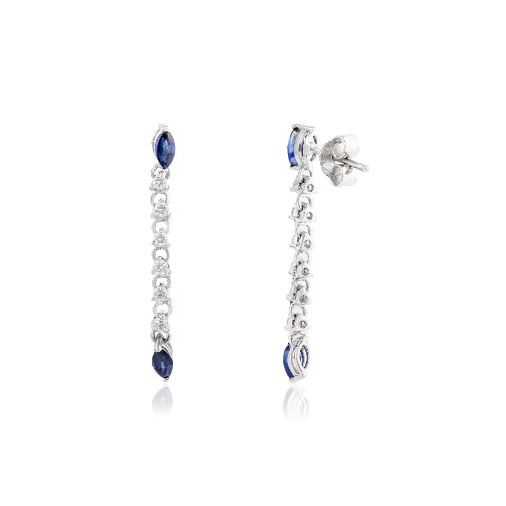 Blue sapphire & Diamond Hanging Drop Earrings in 14k Solid White Gold
