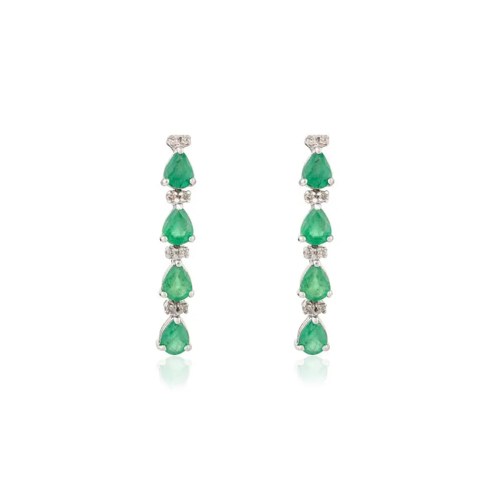 Pear Cut Emerald & Diamond Long Dangle Drop Earrings in 18k White Gold