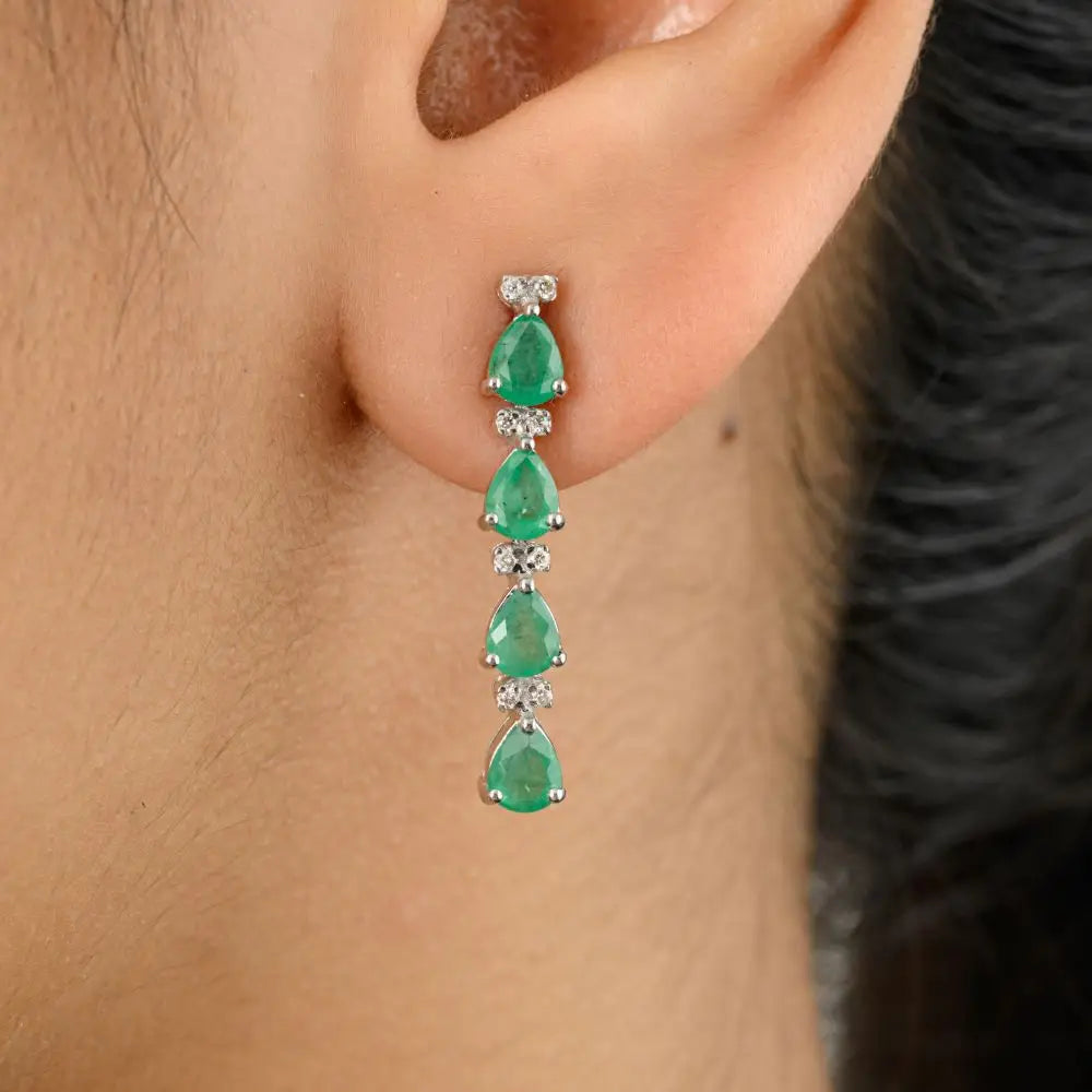 Pear Cut Emerald & Diamond Long Dangle Drop Earrings in 18k White Gold