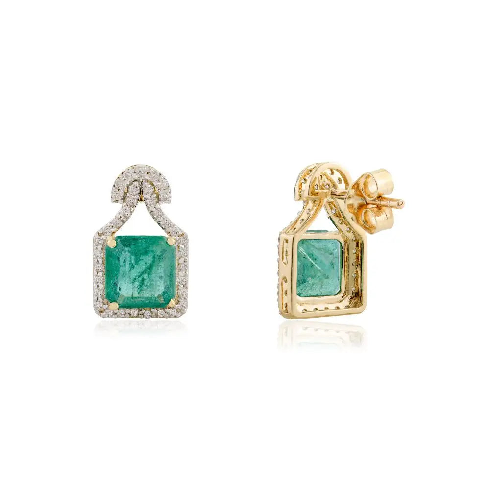 Square Cut Emerald & Diamond Statement Stud Earrings 18k Yellow Gold