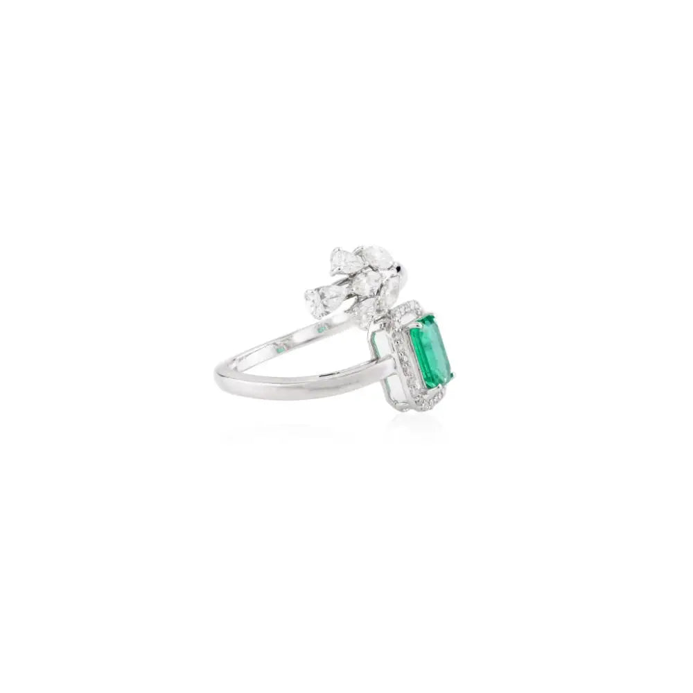 Classic Design 18k Real White Gold With Natural Emerald & Diamond Open Wedding Ring