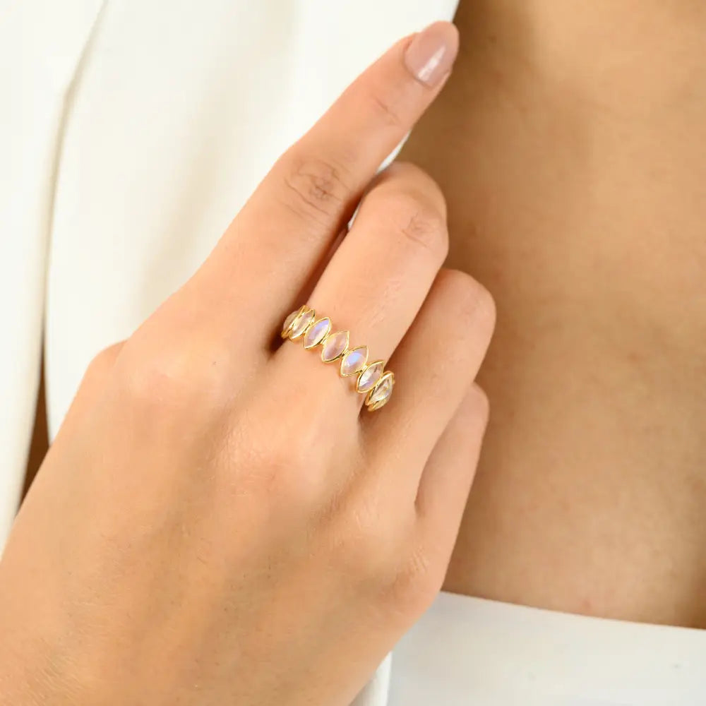 100% Authentic Rainbow Moonstone Marquise Shape 18K Yellow Gold Half Eternity Band Ring