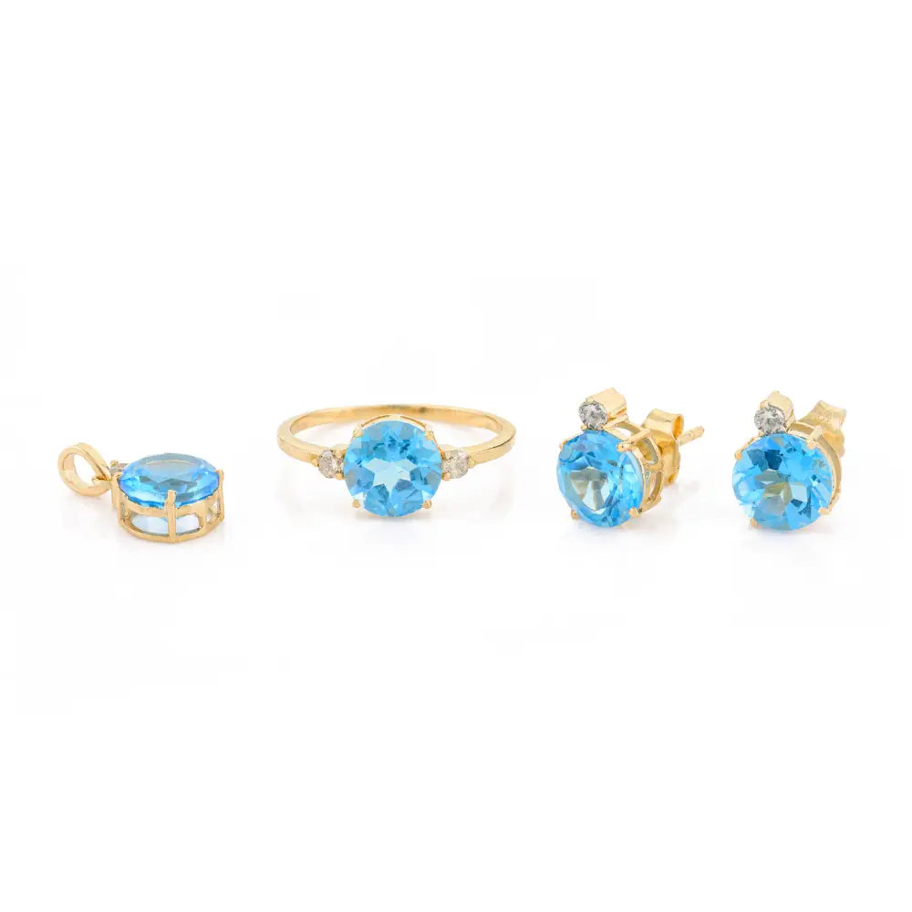 Round Blue Topaz & Diamond Ring Earrings & Pendant 3 Pcs Jewelry Set For Women Gift