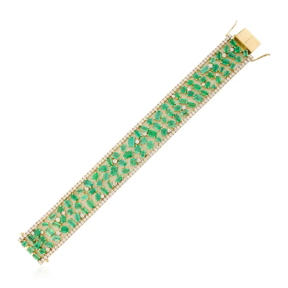 Beautifully Designed Natural Emerald and Diamond Wide Cocktail Bracelet