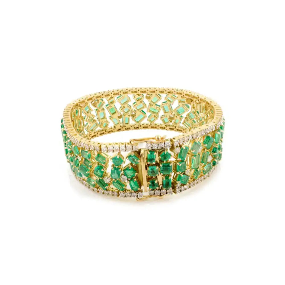 Beautifully Designed Natural Emerald and Diamond Wide Cocktail Bracelet