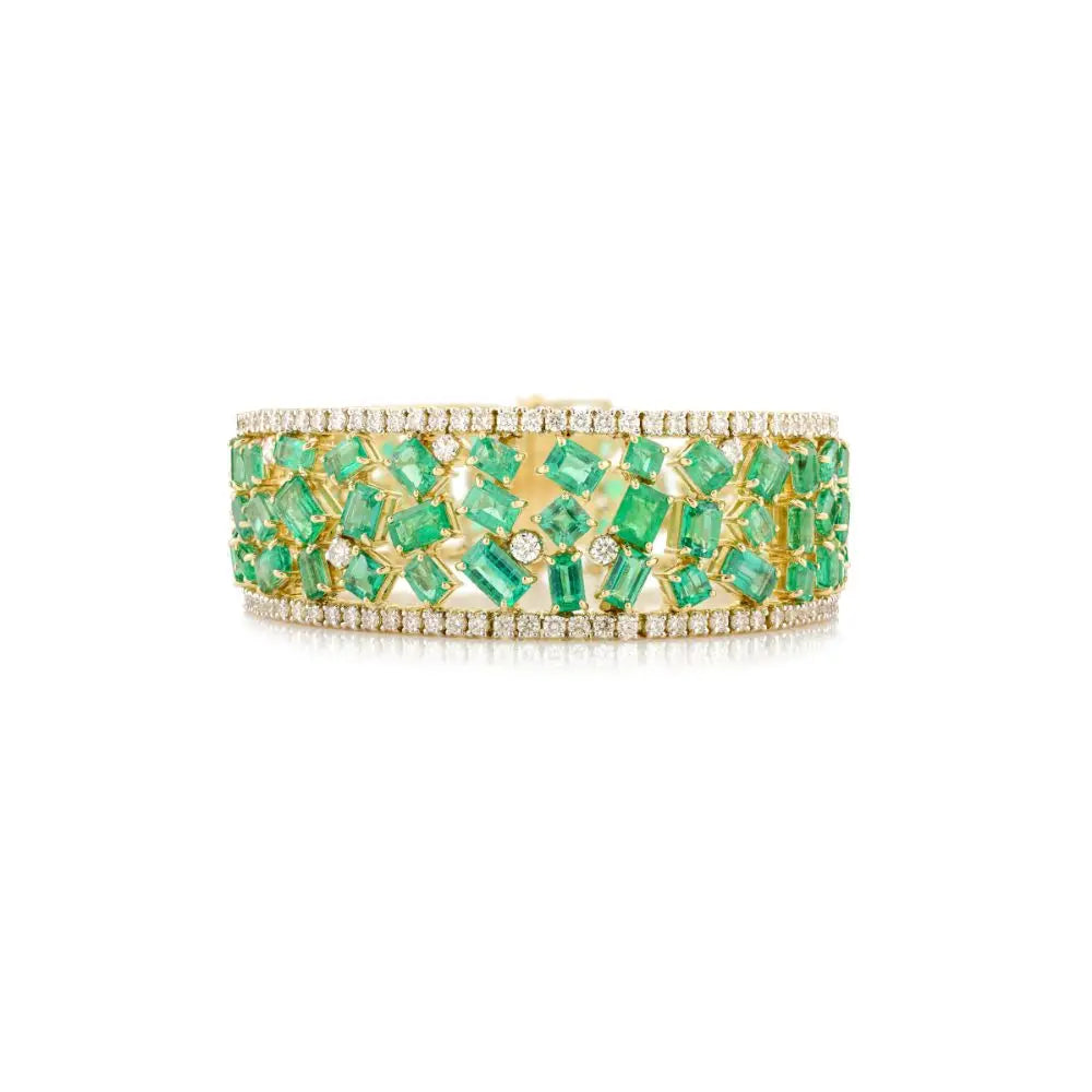 Beautifully Designed Natural Emerald and Diamond Wide Cocktail Bracelet