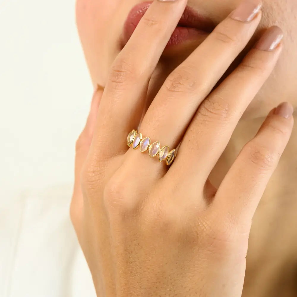 100% Authentic Rainbow Moonstone Marquise Shape 18K Yellow Gold Half Eternity Band Ring