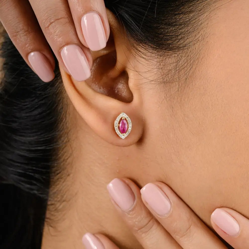 Natural Ruby & Diamond Marquise Shape Stud Earrings in 18k Gold