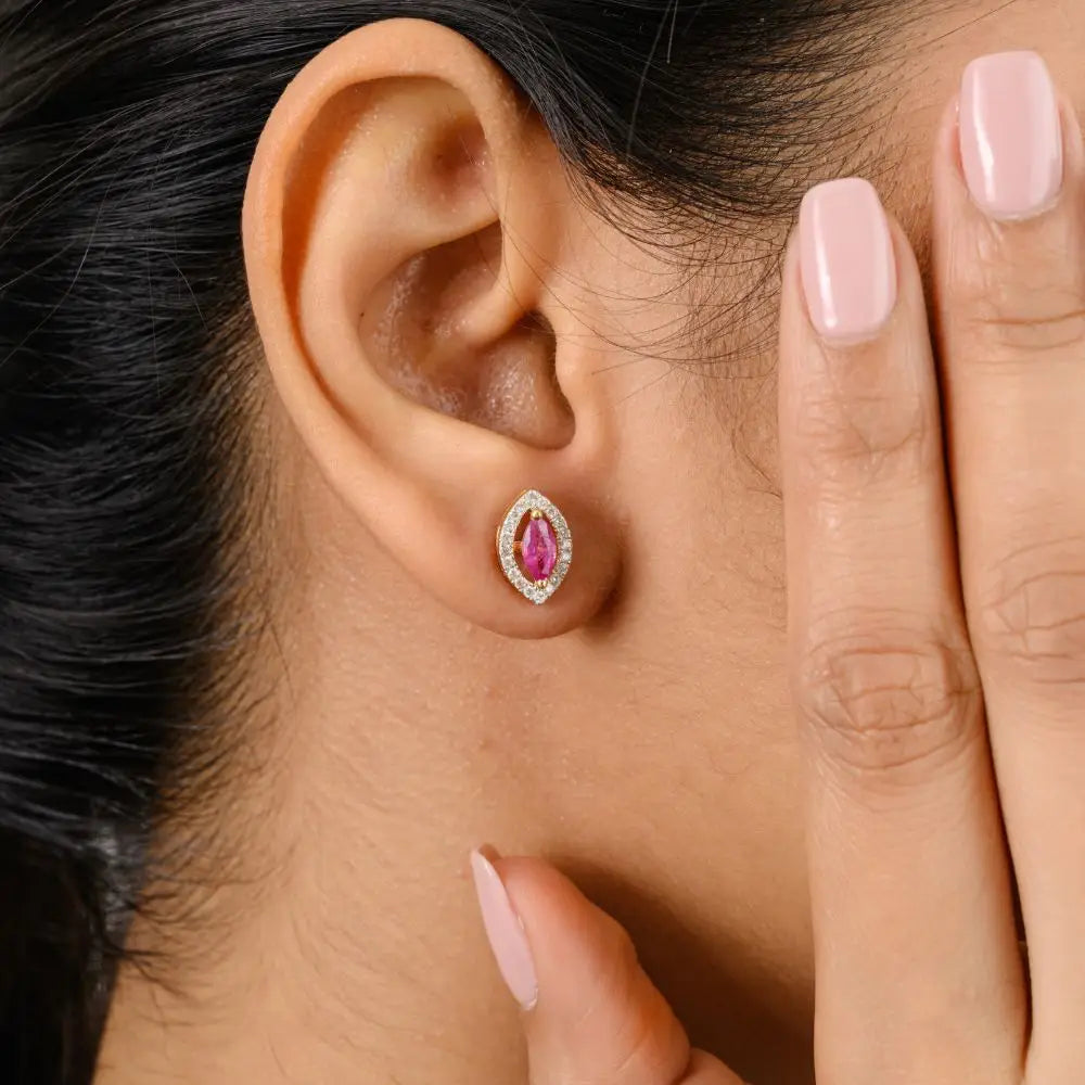 Natural Ruby & Diamond Marquise Shape Stud Earrings in 18k Gold