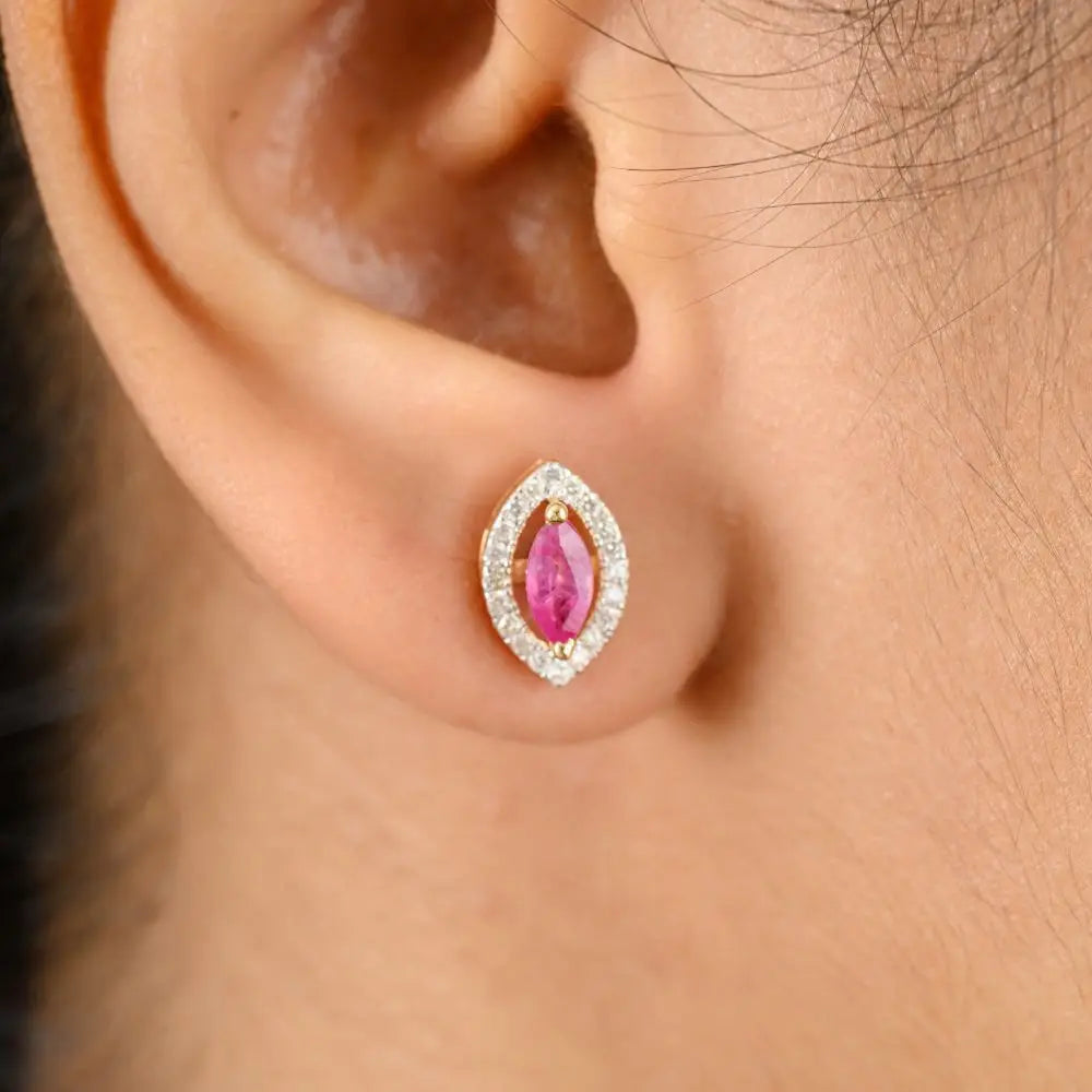 Natural Ruby & Diamond Marquise Shape Stud Earrings in 18k Gold
