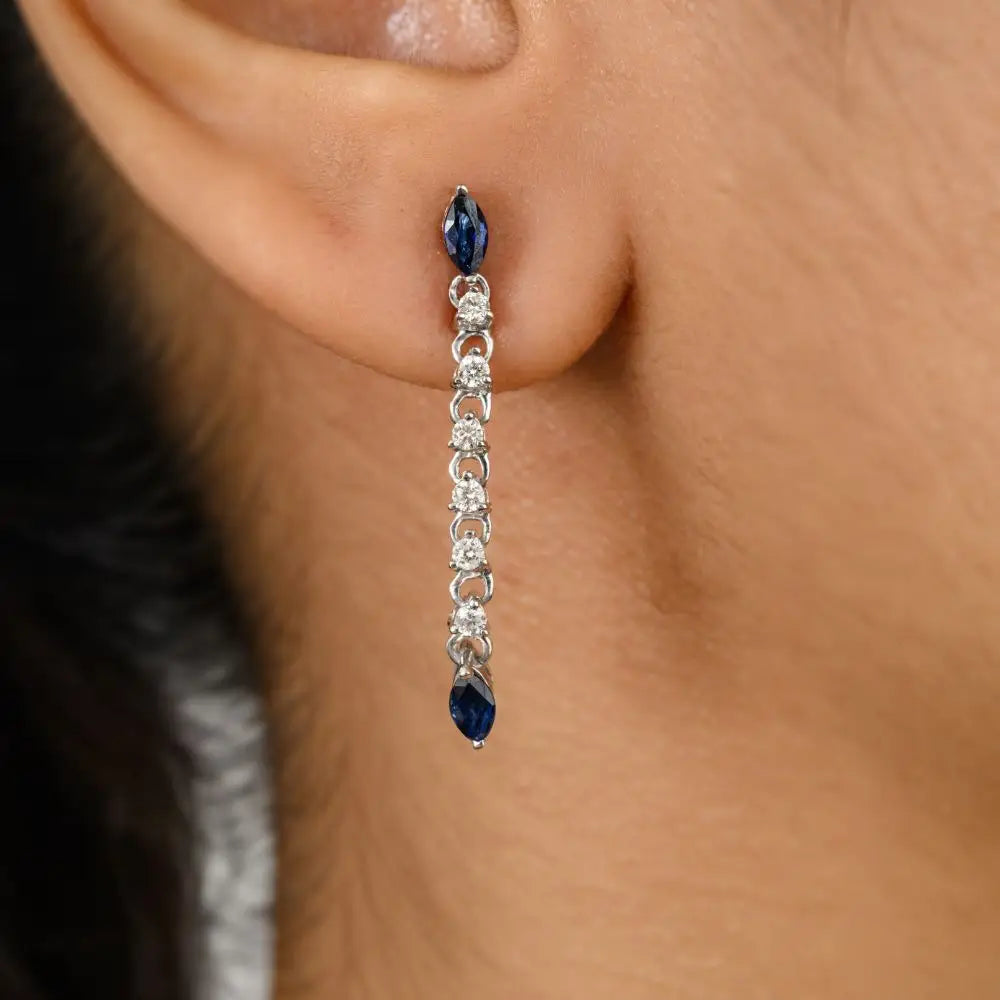 Blue sapphire & Diamond Hanging Drop Earrings in 14k Solid White Gold