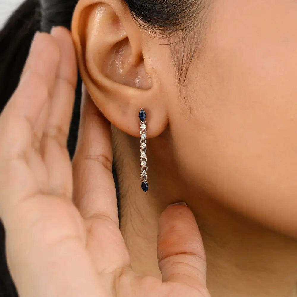 Blue sapphire & Diamond Hanging Drop Earrings in 14k Solid White Gold
