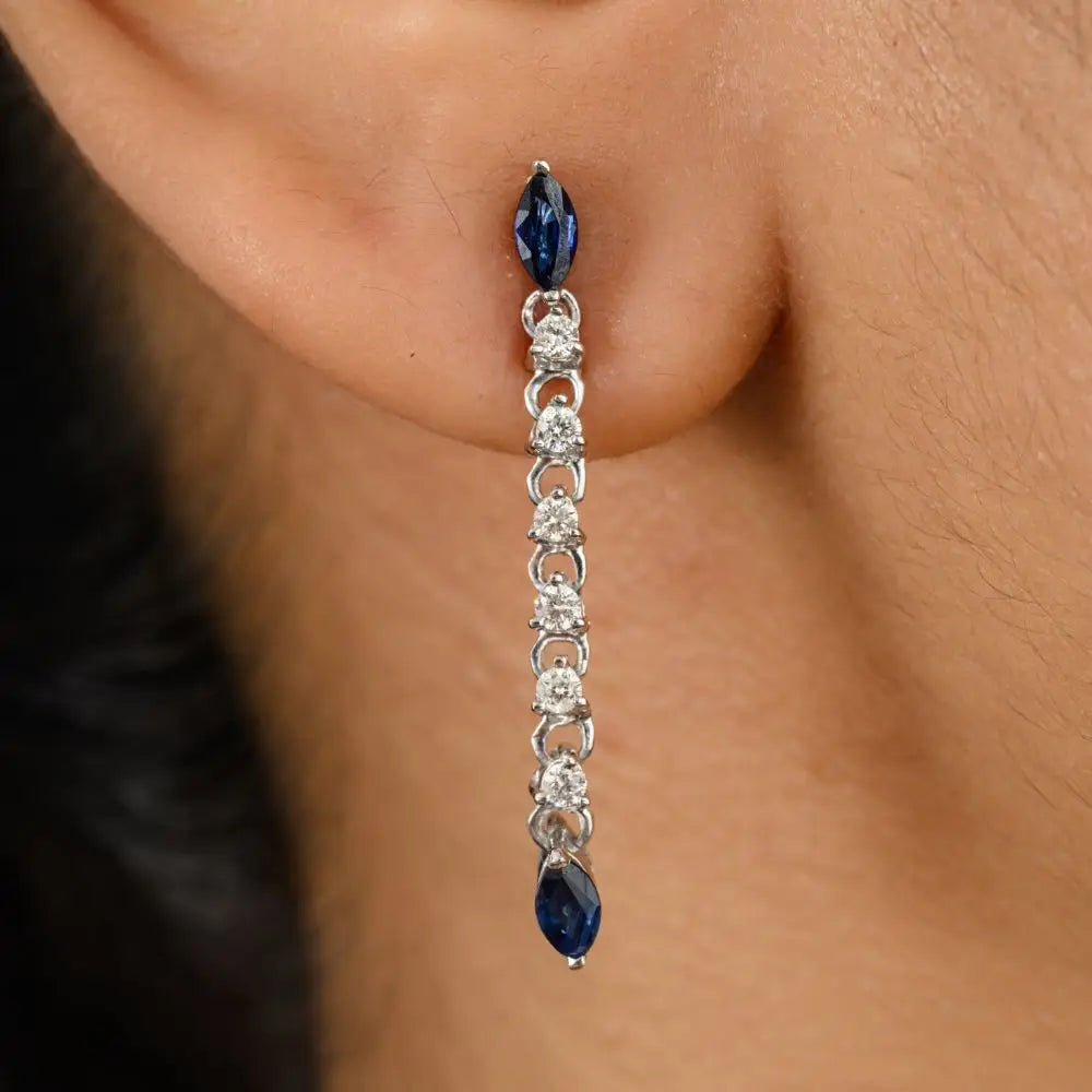 Blue sapphire & Diamond Hanging Drop Earrings in 14k Solid White Gold