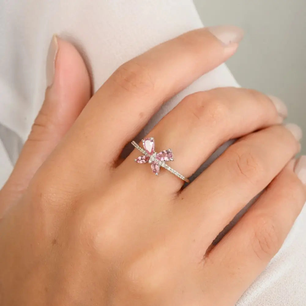 Classic Design Natural Tourmaline & Diamond Butterfly Promise Ring in 18k White Gold