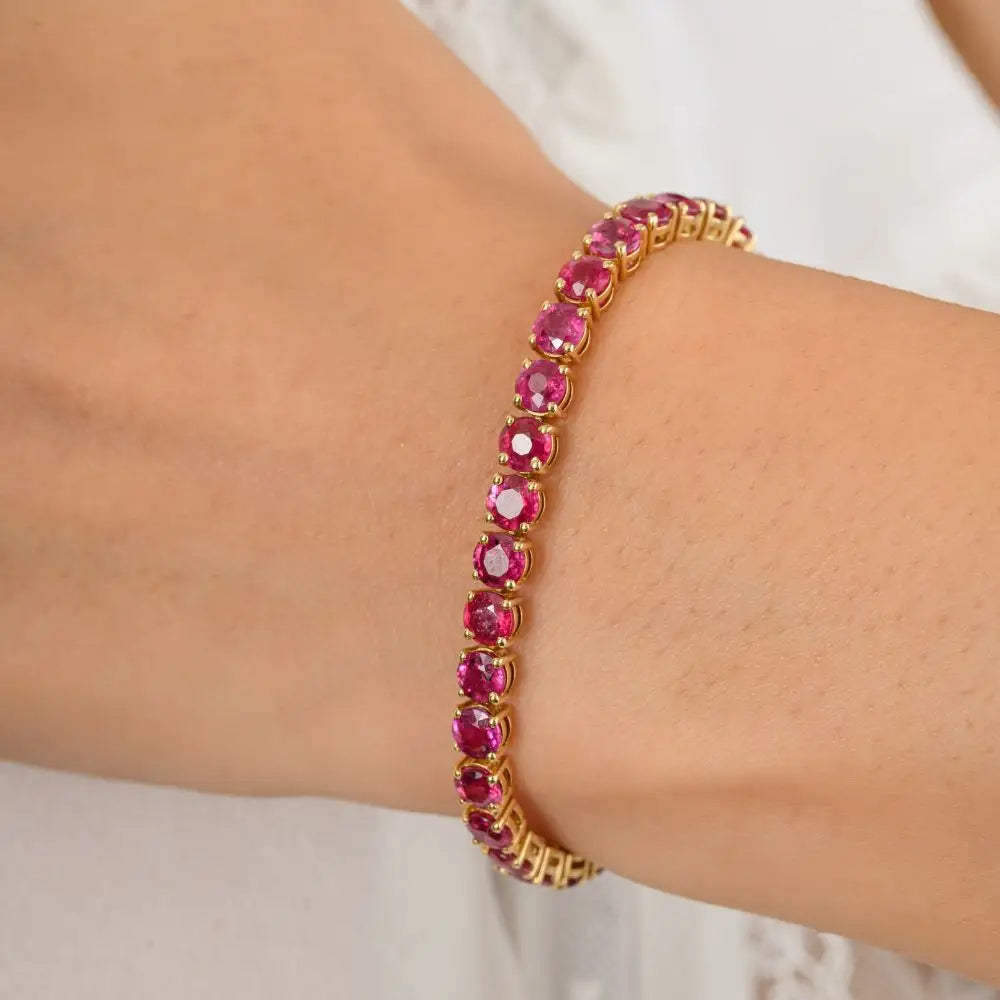 Classic Design Round Cut Ruby & 18k Solid Yellow Gold Tennis Bracelet