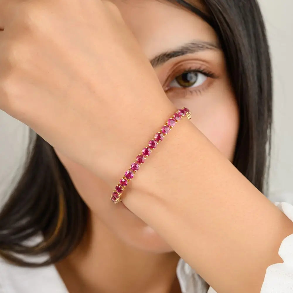 Classic Design Round Cut Ruby & 18k Solid Yellow Gold Tennis Bracelet