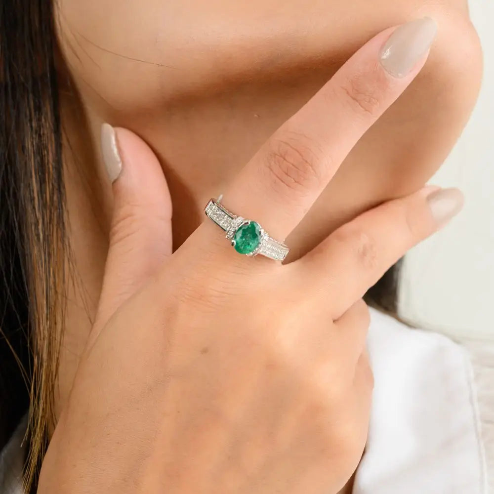 Best Quality Oval Cut Emerald & Diamond Engagement Ring in 18k White Gold