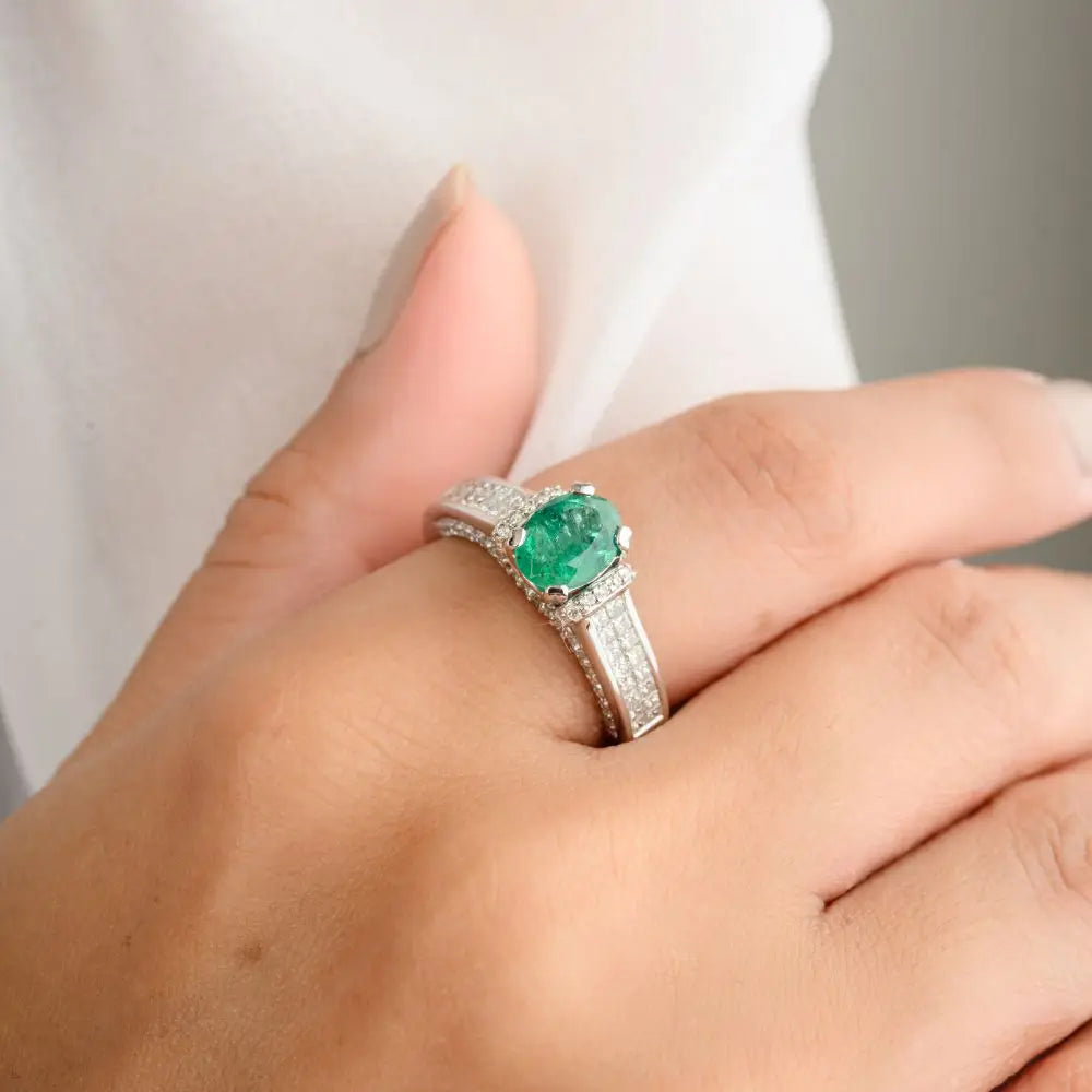 Best Quality Oval Cut Emerald & Diamond Engagement Ring in 18k White Gold