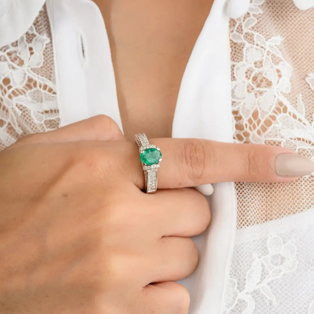 Best Quality Oval Cut Emerald & Diamond Engagement Ring in 18k White Gold