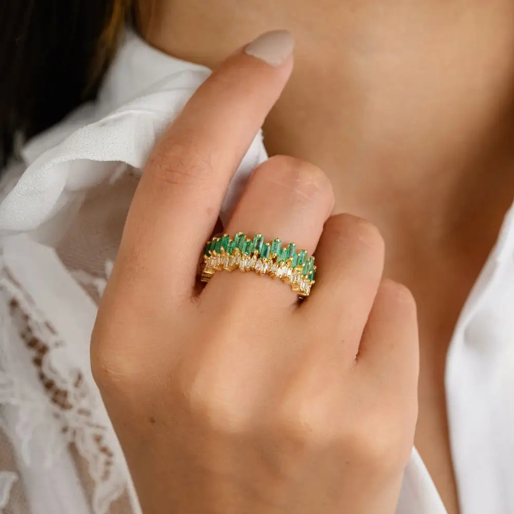 Classic Design Baguette Cut Emerald & Diamond Eternity Band Ring in 18k Yellow Gold