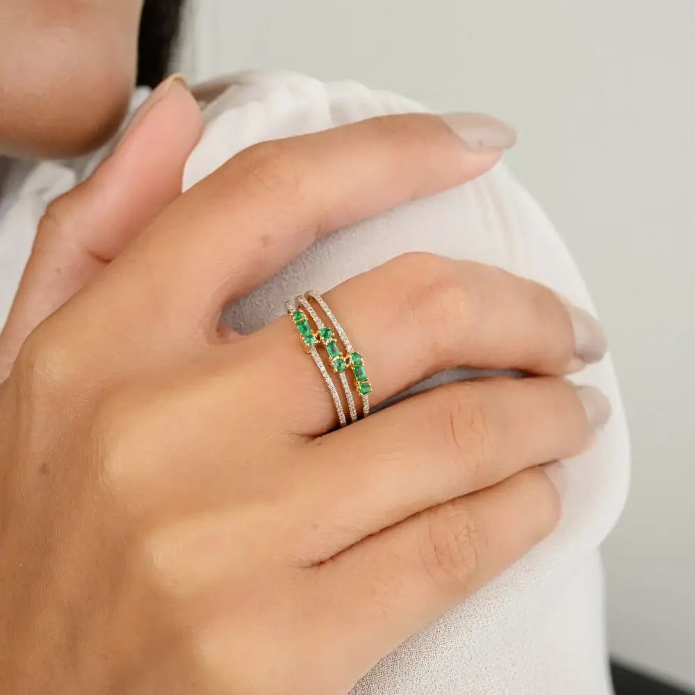 High Quality Emerald & Diamond Three Layer Band Ring Jewelry