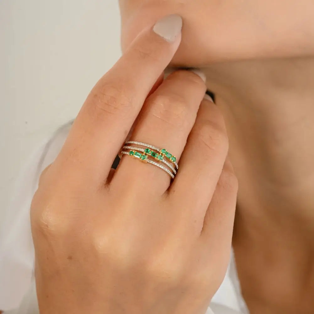 High Quality Emerald & Diamond Three Layer Band Ring Jewelry