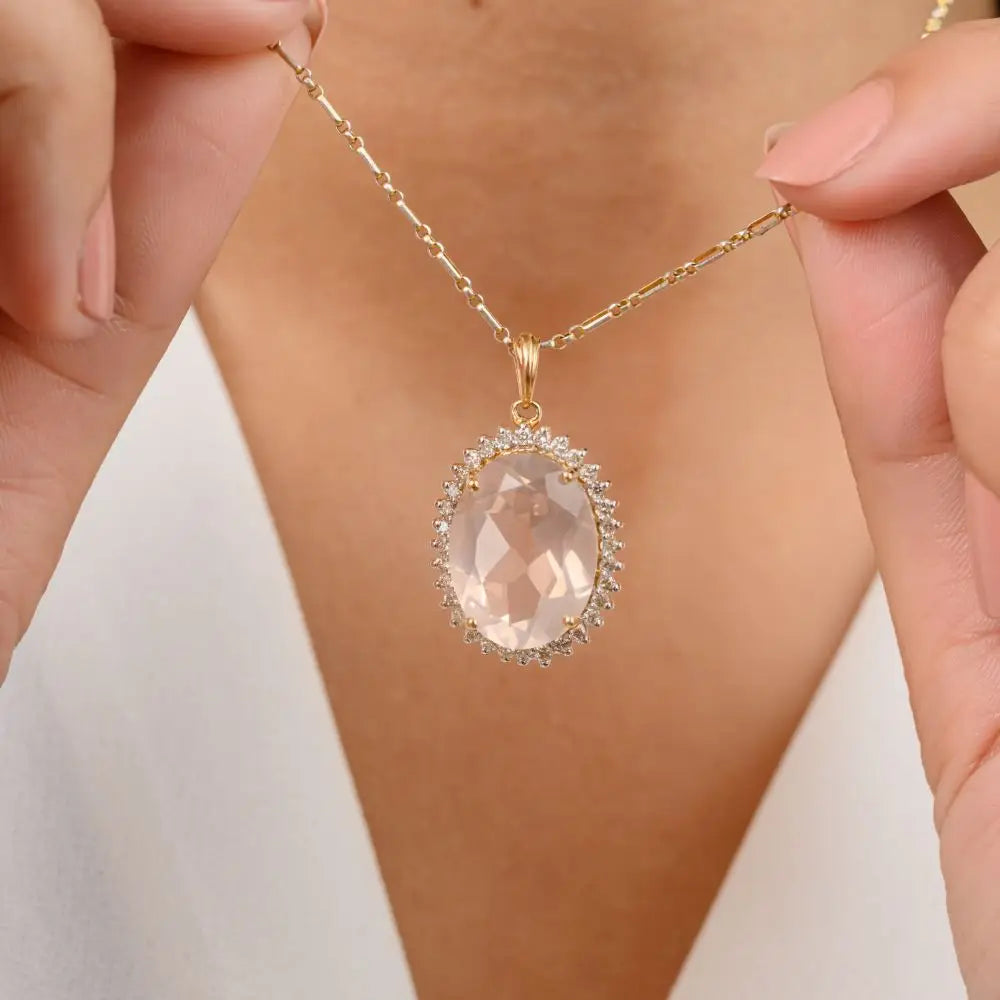 14k Solid Yellow Gold Rose Quartz Statement Pendant with Diamonds