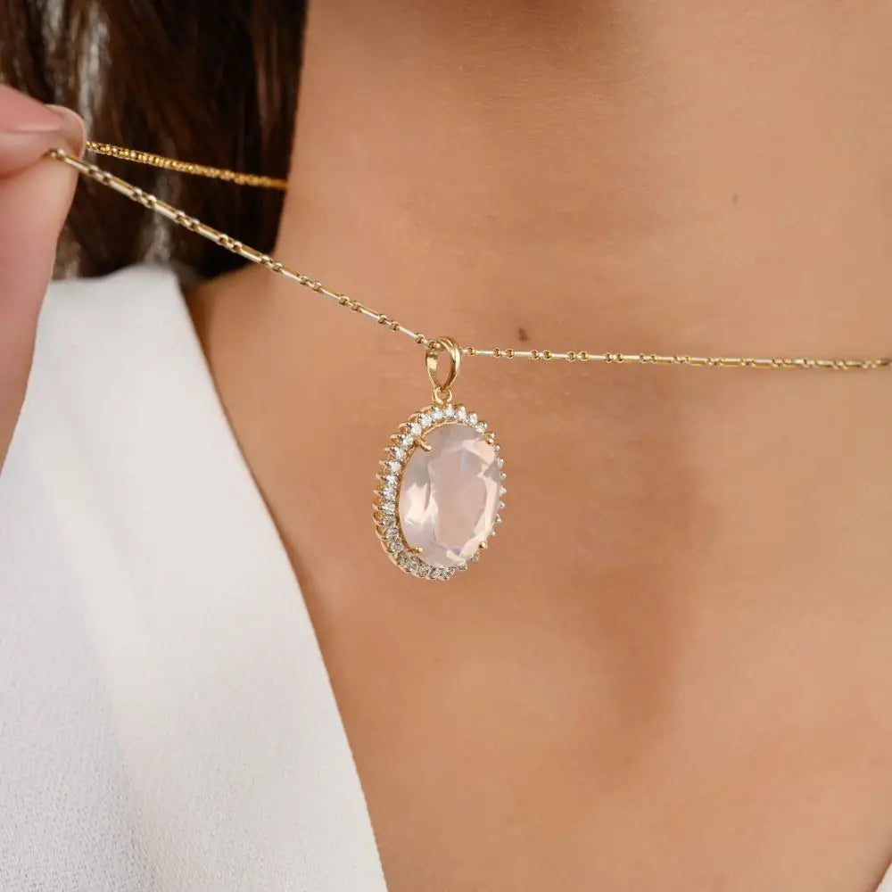 14k Solid Yellow Gold Rose Quartz Statement Pendant with Diamonds