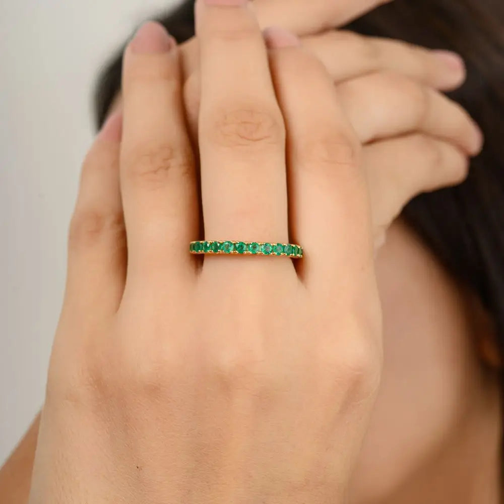 18k Solid Yellow Gold & Natural Emerald Stackable Band Ring For Womens
