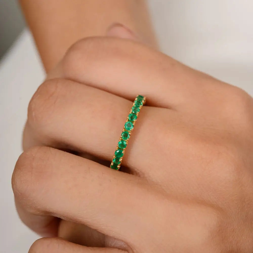 18k Solid Yellow Gold & Natural Emerald Stackable Band Ring For Womens