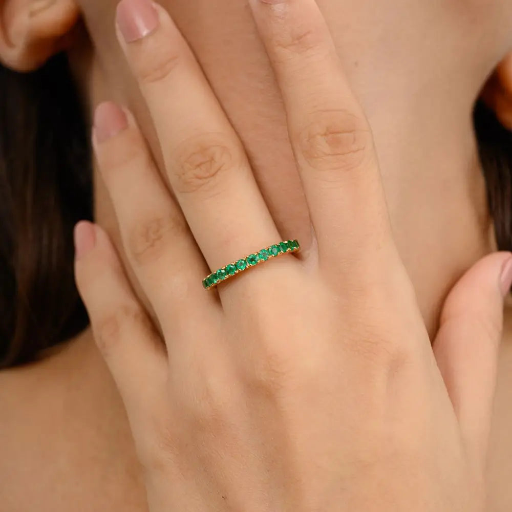 18k Solid Yellow Gold & Natural Emerald Stackable Band Ring For Womens