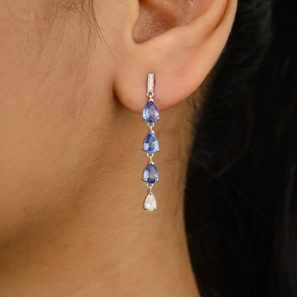 Natural Pear Cut Blue Sapphire & Diamond Teardrop Earrings in 18k Gold
